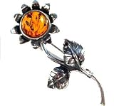 Sterling Silver 925. Genue Amber Color Sunflower Brooch