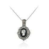 Sterling Silver Marcasite and Onyx 'Woman' Cameo Locket Pendant
