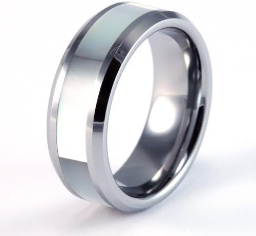 8mm Mens / Woman's Tungsten Carbide Wedding Band / Ring with Mother of Pearl / White Abalone Inlay
