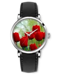 SPRAWL Aanalog Fashion Series Silver Ladies Watches of Genuine Black Leather Strap,Unique Wrist Watch for Women Girls Designed with red tulips
