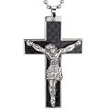 Stainless Steel Black Carbon Fiber Crucifix Cross With Jesus Christ Pe...
