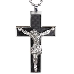 Stainless Steel Black Carbon Fiber Crucifix Cross with Jesus Christ Pendant Necklace 24