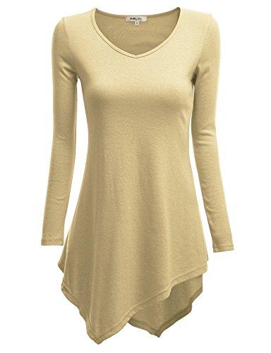 Doublju Womens Long Sleeve V-Neck Handkerchief Longline Tunic Blouse Top