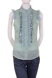 Poppy Garden Ruffle Tuxedo Sleeveless Mandarin Collar Shirt Blouse Green