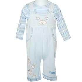 Baby Boys Applique Teddy Face & Paw Print Velour Dungarees with Pockets and Long Sleeved Cotton 2 Piece Set (0-3 Months)