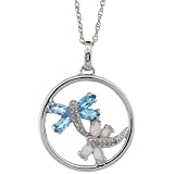 10k White Gold 18 in. Thin Chain & 3/4 in. (19mm) tall Double Dragonfly Pendant w/ Brilliant Cut Diamonds, Marquise Cut Blue Topaz & Opal Stones