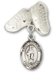 Sterling Silver Baby Badge with St. Gregory the Great Charm and Baby Boots Pin