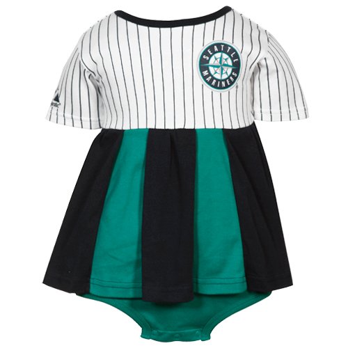 Majestic Seattle Mariners Infant Girls Pinstripe Creeper Dress - Navy Blue/Green (12 Months)