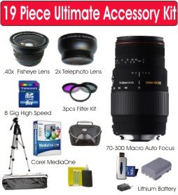 19 Piece Super Accessory Kit with Sigma 70-300MM Macro Zoom Lens + Corel MediaOne Plus Software + 8 GB Memory Card + Card Reader + Wireless Remote Control + Premier Back Pack Case + High Capacity Li-Ion Battery + .42x Fisheye Wide Angle Lens + 3 Piece Multi-Coated Filter Kit + 50"Aluminum Tripod + Tripod Case + Camera Shoulder Strap + Universal Screen Protectors + 5 Piece Maintenance Kit + 110/220 Adapter for Sony Alpha A200, A230, A300, A330, A350, A380