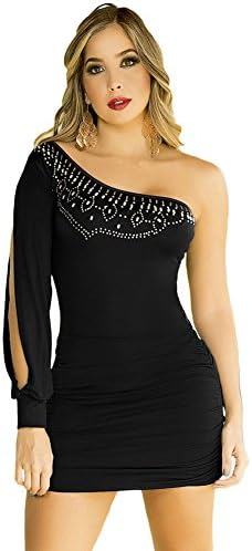 One Shoulder Bejeweled Long Sleeve Fitted Club Mini Dress L