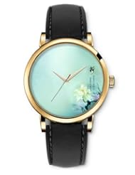 SPRAWL Aanalog Fashion Series Gold Ladies Watches of Genuine Black Leather Strap,Unique Wrist Watch for Women Girls Designed with Flowers on a blue background