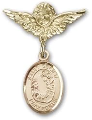 14kt Gold Baby Badge with St. Cecilia Charm and Angel w/Wings Badge Pin, Patron Saint of Music, Musicians & Singers