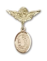 14K Gold Baby Badge with St. Cecilia Charm and Angel with Wings Badge Pin