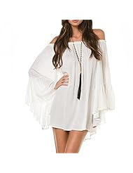Cotton/Jersey Gathered Banding  Bell Sleeves Off the Shoulder Mini Dress  With Ruffles