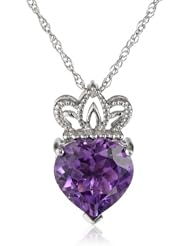 XPY Sterling Silver, Amethyst, and Diamond-Accented Heart and Crown Necklace, 18"
