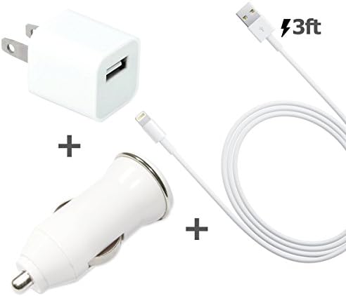 Wall Charger + Auto Car Charger + USB Charge and Sync Lightning Cables 3ft iPhone 6 6 plus 5s 5 iPod iPad 4 mini air