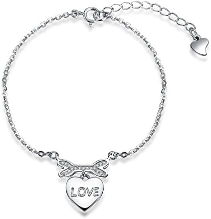RebeccaSeller Womens Sterling Silver Charm Bracelet Heart &amp; Bone Love Bracelet