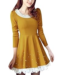 Scoop Neck Lace  Cotton/Polyester Puff Sleeves Above the Knee  Dress With Pearls