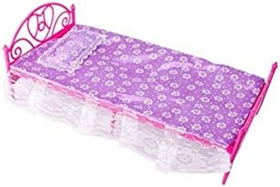 Plastic Mini Bed with Pillow and Sheet for Barbie Dolls Dollhouse-Purple