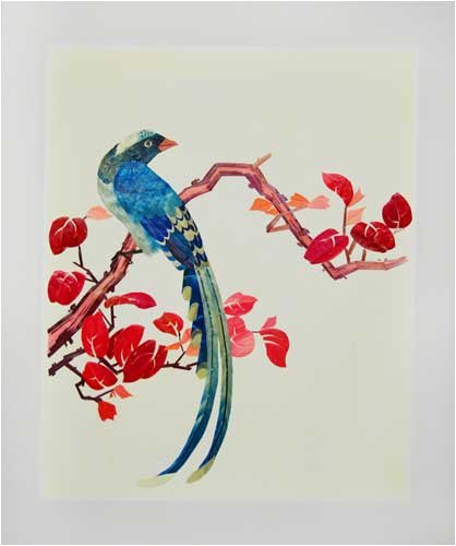 Blue Bird with Long Tail on Tree Branch - Chinese Woven Wheat Stalk Picture, Hand Crafted
