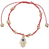 Sparkling Matte Gold Tone Crystal Hamsa Evil Eye Charm on Red String Bracelet