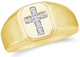 10K Yellow Gold Diamond Cross MENS Wedding Band OR Fashion Ring - w/ Channel Set Round Diamonds - (1/20 cttw)