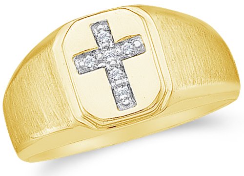 10K Yellow Gold Diamond Cross MENS Wedding Band OR Fashion Ring - w/ Channel Set Round Diamonds - (1/20 cttw)