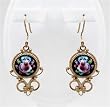 Russian Artisan Dangle Earrings with Handpainted Flowers on Black Background. Model: FR236-001
