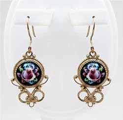 Russian Artisan Dangle Earrings with Handpainted Flowers on Black Background. Model: FR236-001