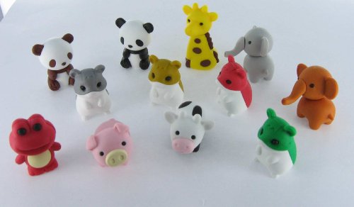 12 Japanese Iwako Puzzle Erasers: 7 Zoo Animals, 4 Holiday Set Special Colors Hamsters, 1 Red Happy Valentine Prince Love Frog. Great Party Favors, Cake Decorations, Miniature Doll House Decorations. Gifts of All Occasions.