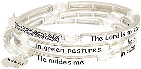 Entire Psalm 23:1-3 Scripture Silver Plated Coil Charm Bangle Bracelet