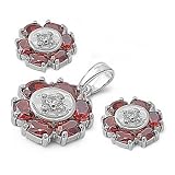Sterling Silver & Garnet CZ Tribal Islander Sun Earring & Pendant Set