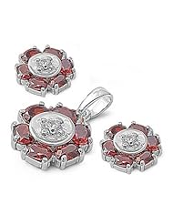 Sterling Silver Garnet CZ Tribal Islander Sun Earring Pendant Set