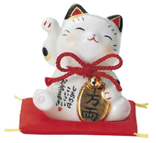 縁起置物 彩絵お金招き猫 座布団付M-3176