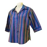 Sirisha Women's 100% Thai Silk Blouse, Blue/Pink/Violet Stripe