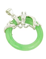 Amulet Good Luck Dragon Circle Green Jade 925 Silver Pendant