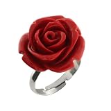 14mm Simulated Red Coral Carved Rose Flower Ring Adjustable Finger Ring