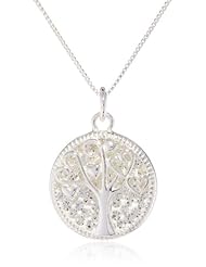 Sterling Silver Pave Crystal Circle Pendant with Family Tree with Heart Necklace, 18"
