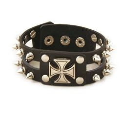 Rockabilly Iron Cross with Metal Spike Leather Wrist Band Bracelet