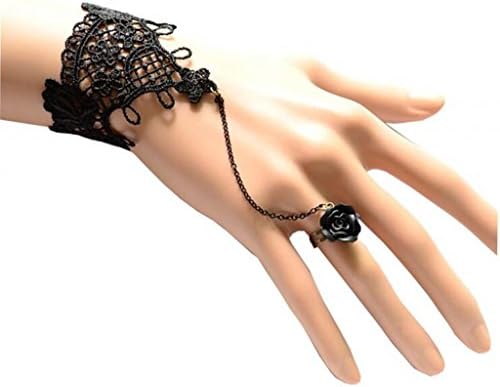 LUNA Womens Black Knit Lace Flower Chain Bracelet Christmas Jewelry Finger Ring