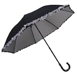 ＵＶ99％以上カット ・ 晴雨兼用日傘 ・ シルバーコーティング ピンドット 無地フリル ショートスタイル 手開き 長傘 (黒)