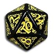 1 (One) Single d20 - Q-Workshop: Carved Elvish / Elven d20 Dice / Die (Black & Yellow)