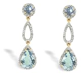 14K Yellow Gold Genuine Round Aquamarine and Diamond Drop Earrings