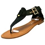 Simple Black Thong Sandals Flats With Gold Buckle