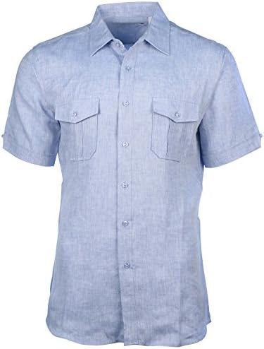 Mojito Collection Men's Linen 2-Pocket Short Sleeve Button Down Shirt-Blue-Large