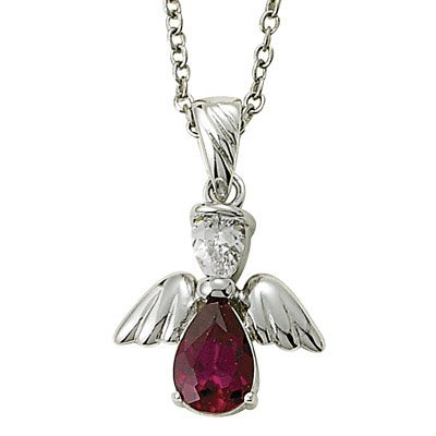 Sterling Silver 5/8 Ruby July Birthstone Angel Wing Necklace on 18 Chain