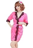 Amour- Women Lady's Sexy Satin Lingerie Sleepwear Robes Nightwear (Black Hot Pink)