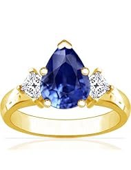 18K Yellow Gold Pear Cut Blue Sapphire Three Stone Ring