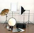 Professional Photography Strobe Lighting Kit (softboxes, light stands, backdrop, barndoors, filters, lights)