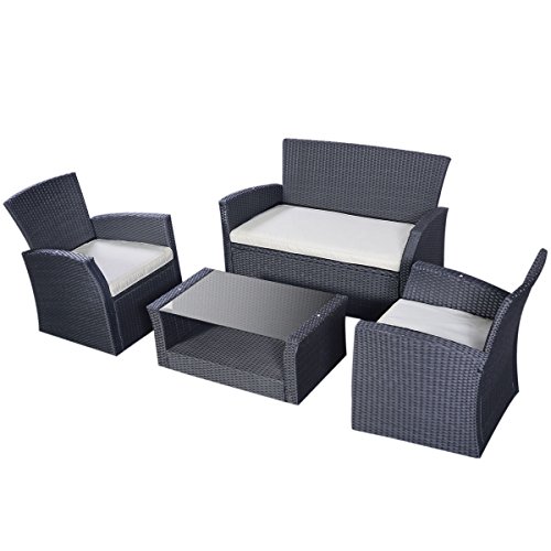 Tangkula Outdoor Cushioned Wicker Furniture Set Sofa Tea Table Black